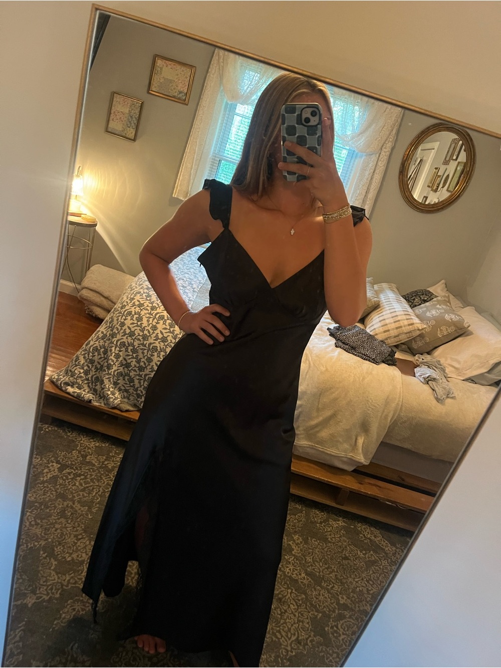 Black Satin Slip Dress with Ruffle Straps